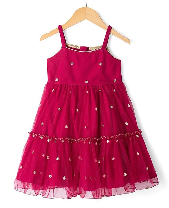 Babyhug Net Woven Half Sleeves Tired Ethnic Dress with Sequinned & Floral Embroidered Jacket - Dark Red
