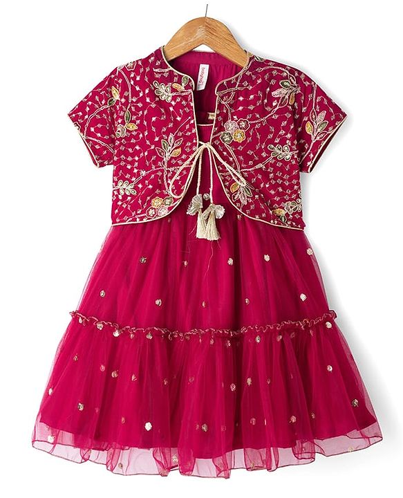 Babyhug Net Woven Half Sleeves Tired Ethnic Dress with Sequinned & Floral Embroidered Jacket - Dark Red