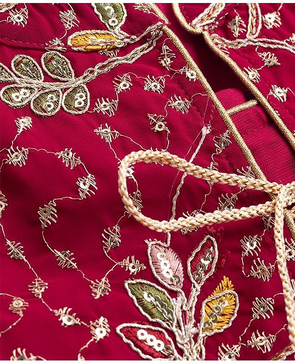 Babyhug Net Woven Half Sleeves Tired Ethnic Dress with Sequinned & Floral Embroidered Jacket - Dark Red