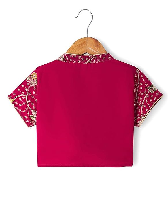Babyhug Net Woven Half Sleeves Tired Ethnic Dress with Sequinned & Floral Embroidered Jacket - Dark Red