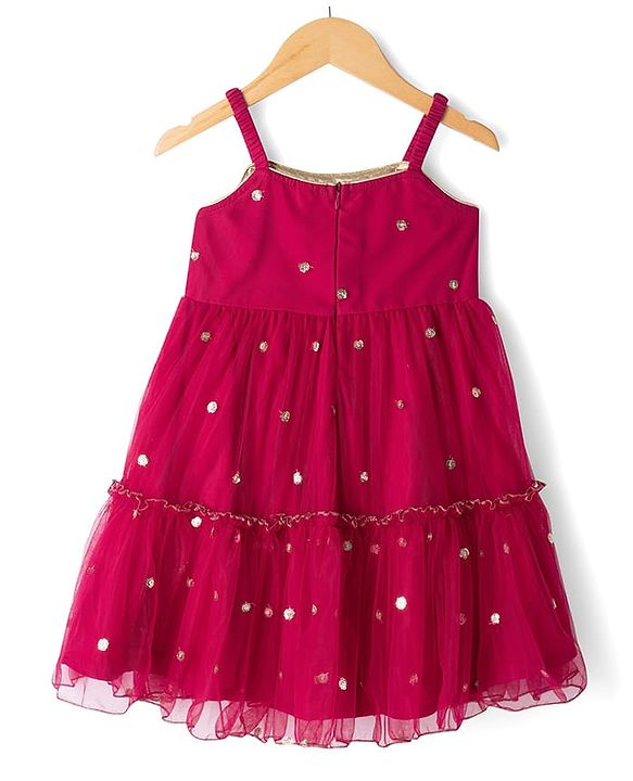 Babyhug Net Woven Half Sleeves Tired Ethnic Dress with Sequinned & Floral Embroidered Jacket - Dark Red