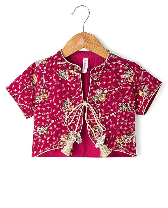 Babyhug Net Woven Half Sleeves Tired Ethnic Dress with Sequinned & Floral Embroidered Jacket - Dark Red