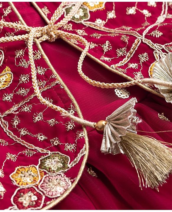 Babyhug Net Woven Half Sleeves Tired Ethnic Dress with Sequinned & Floral Embroidered Jacket - Dark Red