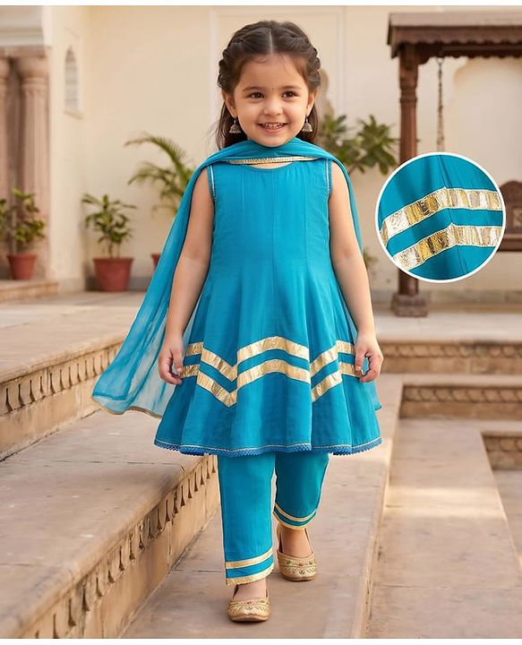 Babyhug Woven Sleeveless Solid Colour Kurti Churidar & Dupatta Set  with Lace Detailing - Teal