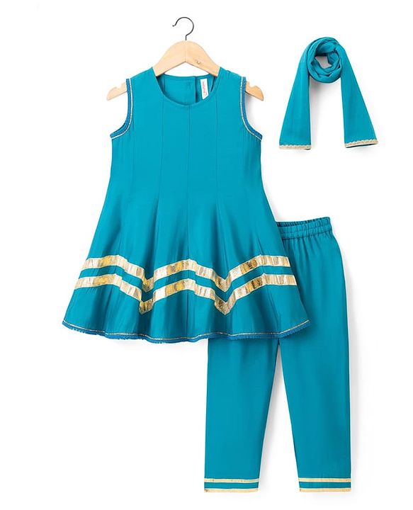 Babyhug Woven Sleeveless Solid Colour Kurti Churidar & Dupatta Set  with Lace Detailing - Teal