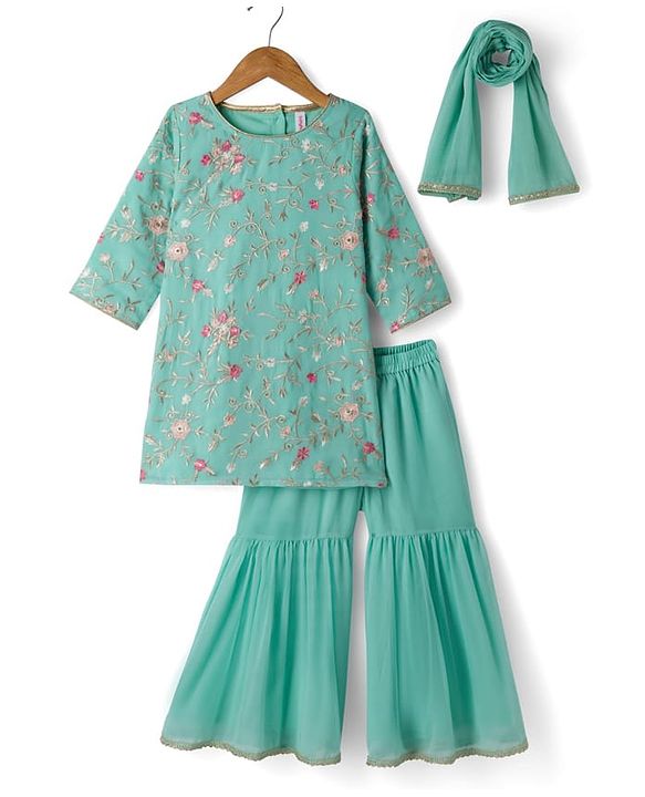 Babyhug Georgett  Woven Full Sleeves Floral Embroidered Kurti Gharara Set With Dupatta - Sea Green