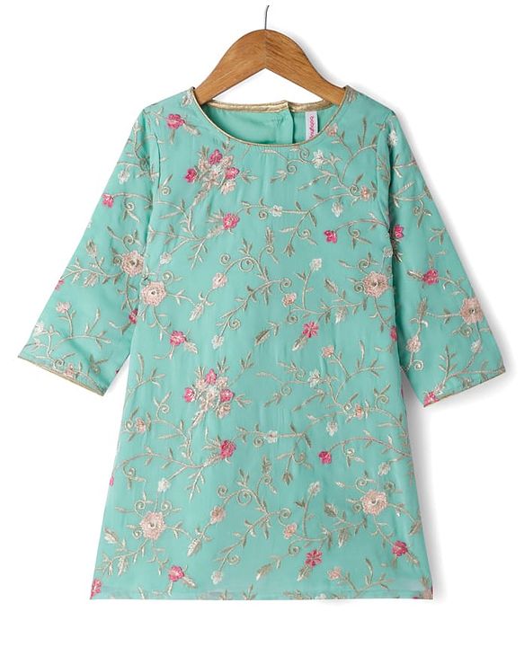 Babyhug Georgett  Woven Full Sleeves Floral Embroidered Kurti Gharara Set With Dupatta - Sea Green
