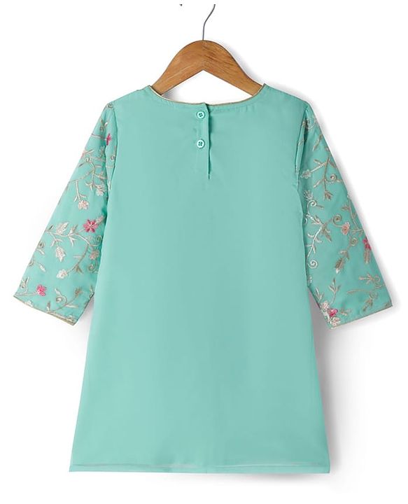 Babyhug Georgett  Woven Full Sleeves Floral Embroidered Kurti Gharara Set With Dupatta - Sea Green
