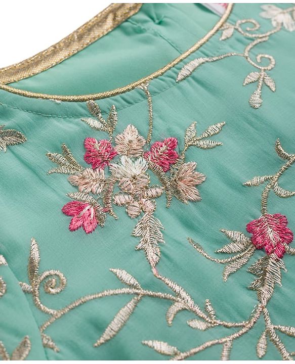 Babyhug Georgett  Woven Full Sleeves Floral Embroidered Kurti Gharara Set With Dupatta - Sea Green