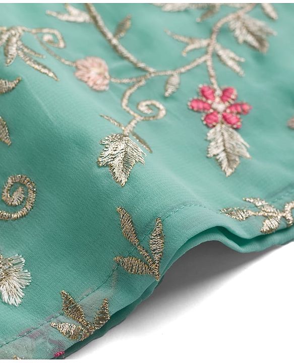 Babyhug Georgett  Woven Full Sleeves Floral Embroidered Kurti Gharara Set With Dupatta - Sea Green