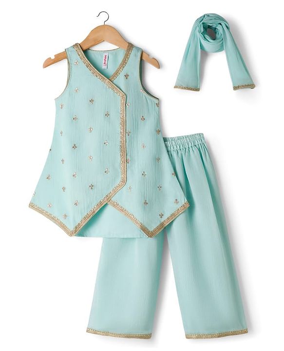 Babyhug Georgette Woven Sleeveless Embroidered & Sequinned Kurti Salwar with Dupatta - Sea Green