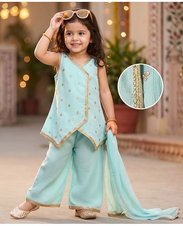 Babyhug Georgette Woven Sleeveless Embroidered & Sequinned Kurti Salwar with Dupatta - Sea Green