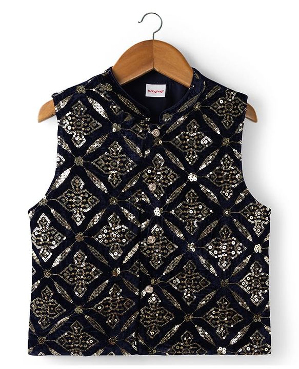 Babyhug Woven Full Sleeves Solid Kurta Pajama Set with Embroidered & Sequinned Jacket - Navy