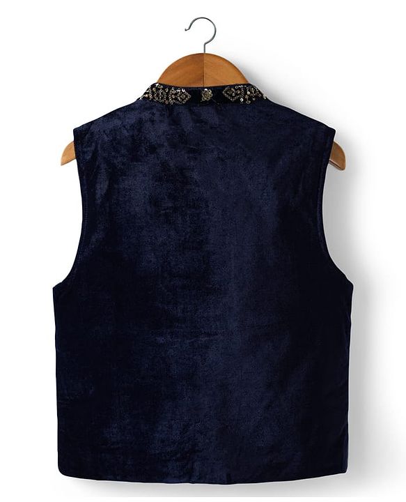 Babyhug Woven Full Sleeves Solid Kurta Pajama Set with Embroidered & Sequinned Jacket - Navy