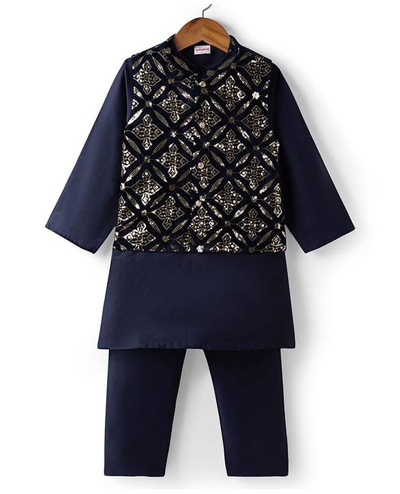 Babyhug Woven Full Sleeves Solid Kurta Pajama Set with Embroidered & Sequinned Jacket - Navy