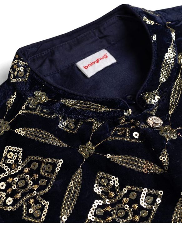 Babyhug Woven Full Sleeves Solid Kurta Pajama Set with Embroidered & Sequinned Jacket - Navy