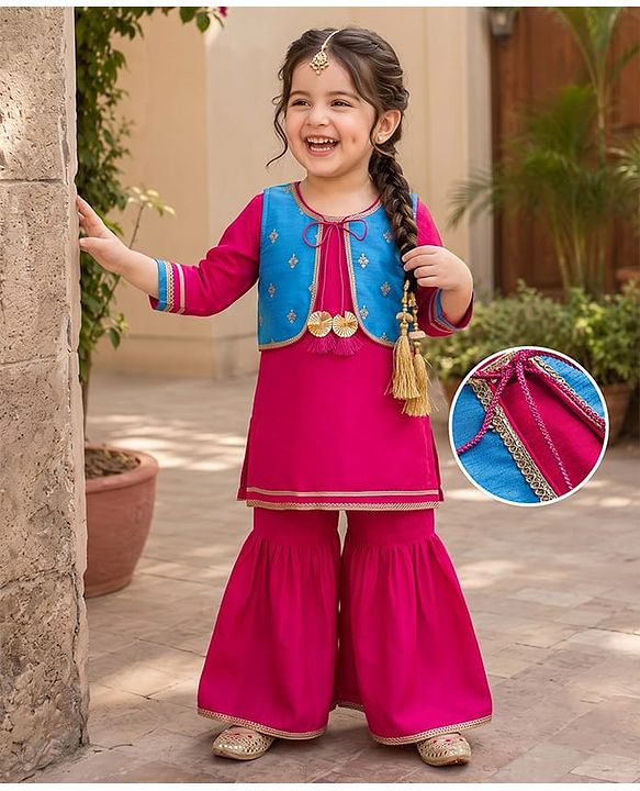 Babyhug Woven Three Fourth Sleeves Kurti Gharara Set with Embroidered & Sequinned Jacket - Dark Pink