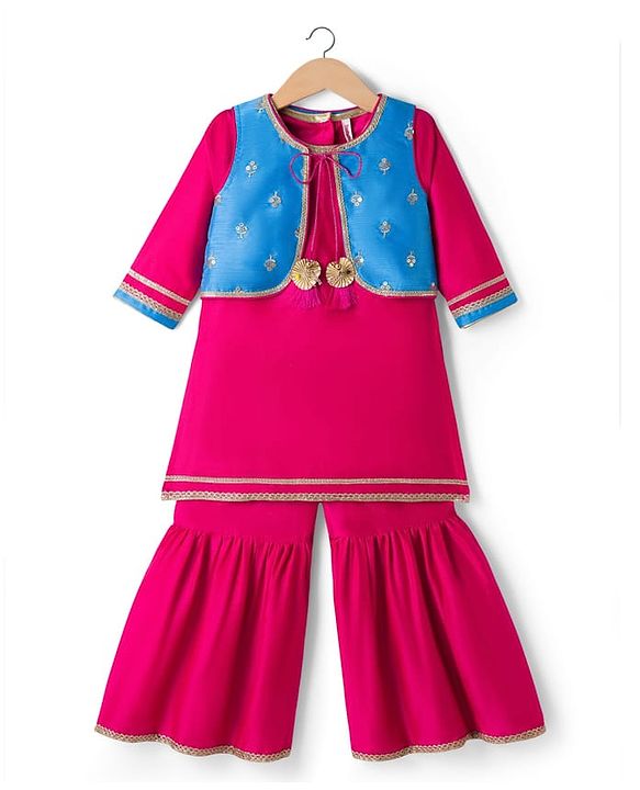 Babyhug Woven Three Fourth Sleeves Kurti Gharara Set with Embroidered & Sequinned Jacket - Dark Pink