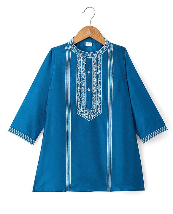 Babyhug Woven Full Sleeves Embroidered Kurta Pajama Set- Teal