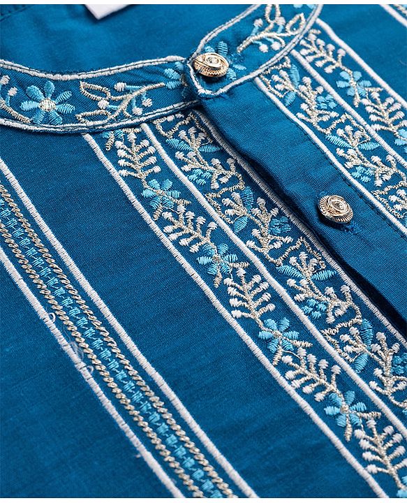 Babyhug Woven Full Sleeves Embroidered Kurta Pajama Set- Teal