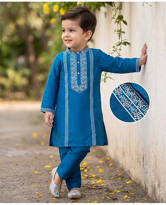Babyhug Woven Full Sleeves Embroidered Kurta Pajama Set- Teal