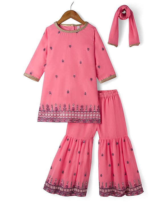 Babyhug Georgette Woven Three Fourth Sleeves Floral Embroidered Kurti Gharara Set with Dupatta - Pink