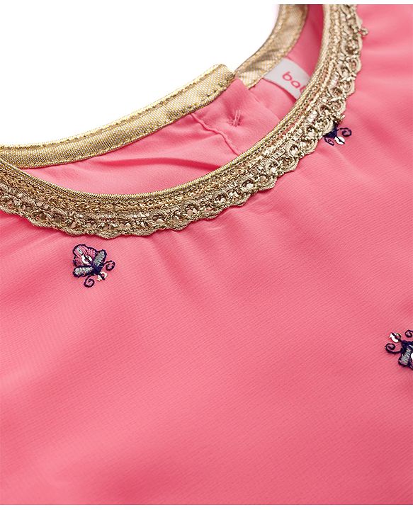 Babyhug Georgette Woven Three Fourth Sleeves Floral Embroidered Kurti Gharara Set with Dupatta - Pink