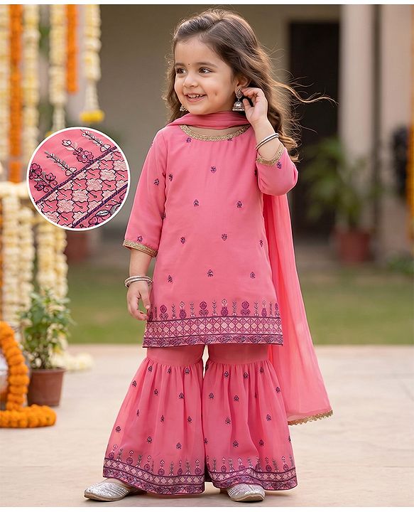 Babyhug Georgette Woven Three Fourth Sleeves Floral Embroidered Kurti Gharara Set with Dupatta - Pink