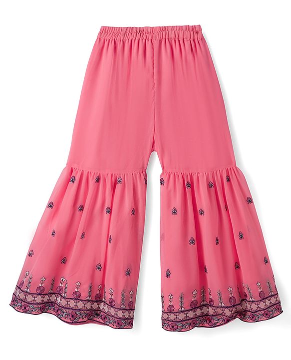 Babyhug Georgette Woven Three Fourth Sleeves Floral Embroidered Kurti Gharara Set with Dupatta - Pink
