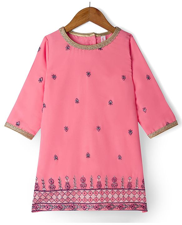 Babyhug Georgette Woven Three Fourth Sleeves Floral Embroidered Kurti Gharara Set with Dupatta - Pink