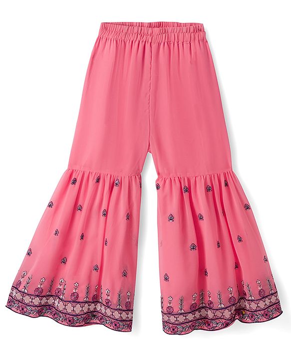 Babyhug Georgette Woven Three Fourth Sleeves Floral Embroidered Kurti Gharara Set with Dupatta - Pink