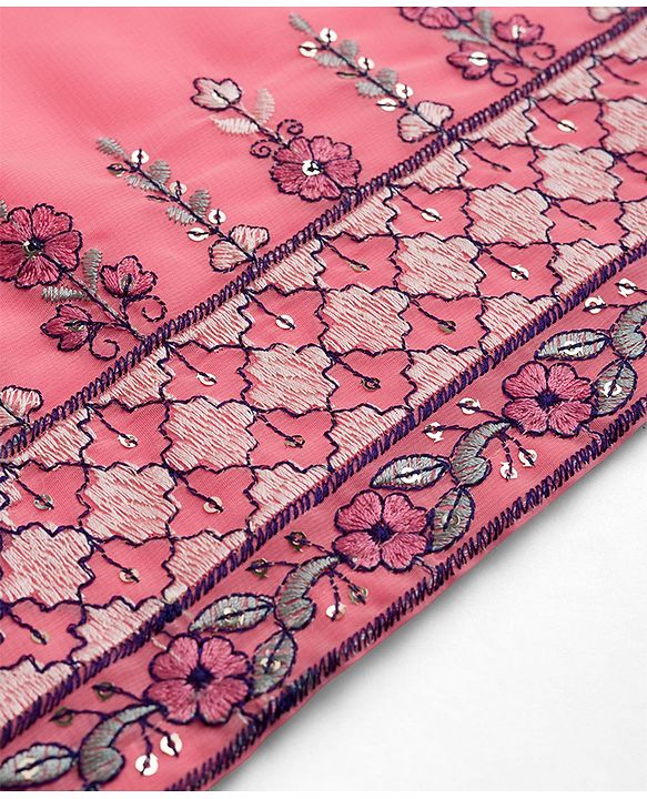 Babyhug Georgette Woven Three Fourth Sleeves Floral Embroidered Kurti Gharara Set with Dupatta - Pink
