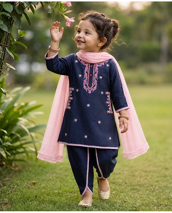 Babyhug Rayon Woven Three Fourth Sleeves Kurti Salwar Set with Floral Embroidery - Navy Blue