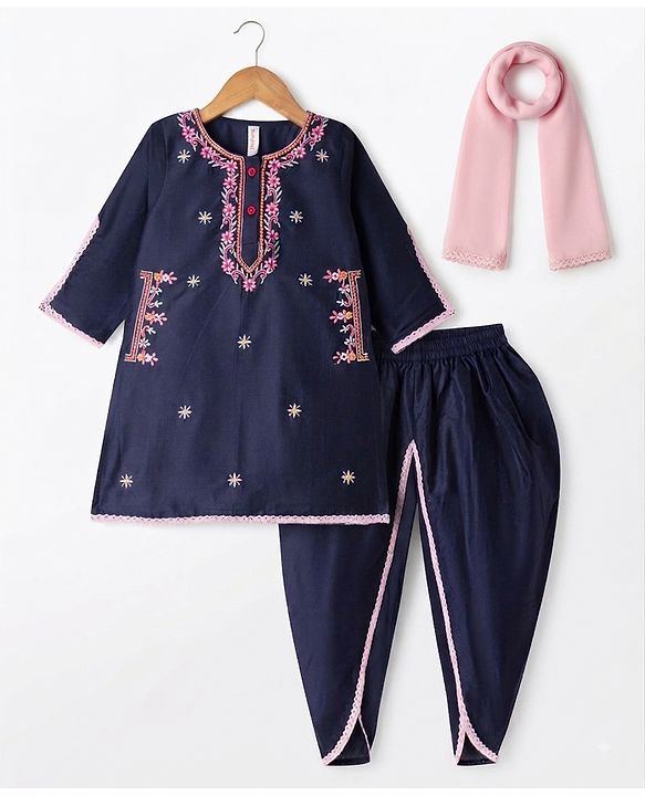 Babyhug Rayon Woven Three Fourth Sleeves Kurti Salwar Set with Floral Embroidery - Navy Blue