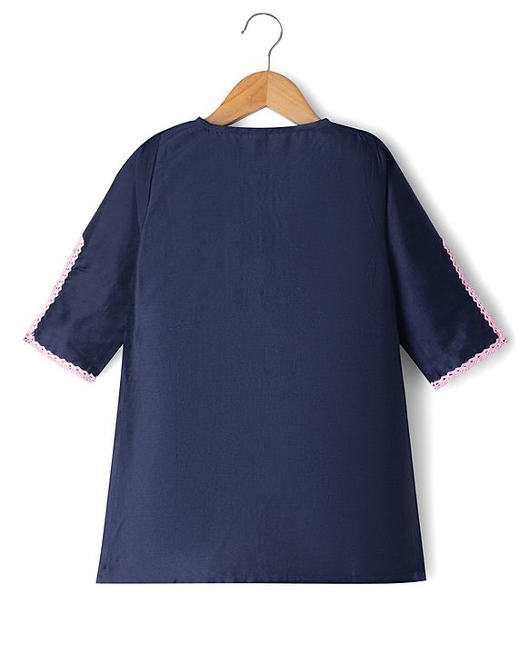 Babyhug Rayon Woven Three Fourth Sleeves Kurti Salwar Set with Floral Embroidery - Navy Blue