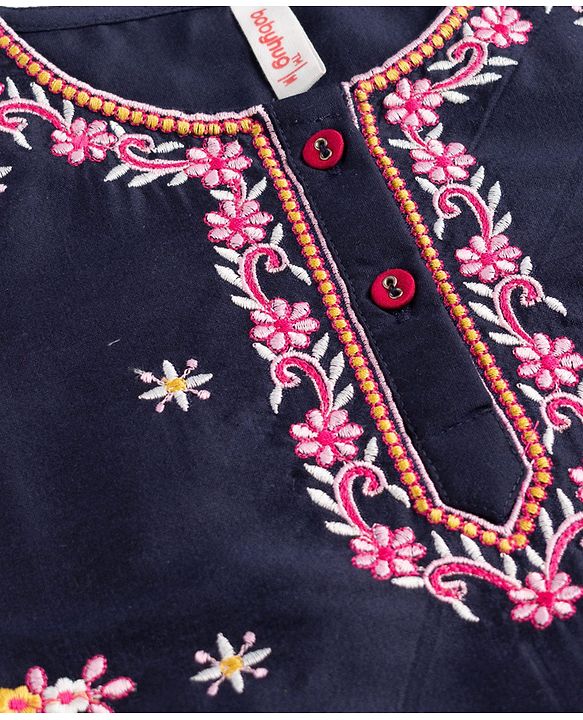 Babyhug Rayon Woven Three Fourth Sleeves Kurti Salwar Set with Floral Embroidery - Navy Blue