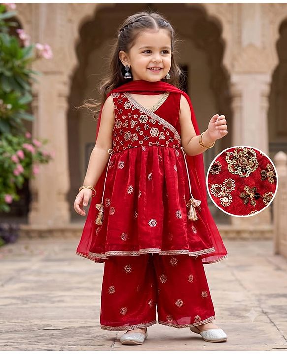 Babyhug Woven Sleeveless Embroidered & Sequinned Kurti Palazzo Set with Dupatta-  Red