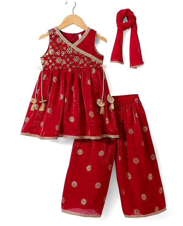 Babyhug Woven Sleeveless Embroidered & Sequinned Kurti Palazzo Set with Dupatta-  Red