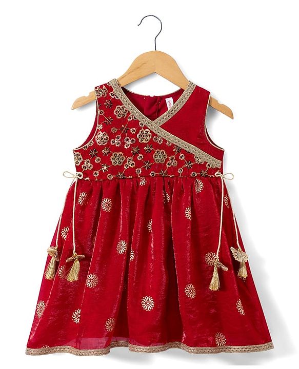 Babyhug Woven Sleeveless Embroidered & Sequinned Kurti Palazzo Set with Dupatta-  Red