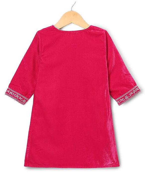 Babyhug Velvet Woven Full Sleeves Floral Embroidered Sequin Detailing Kurti Palazzo and Dupatta Set - Fuschia