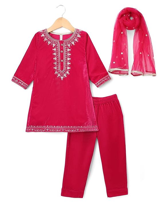 Babyhug Velvet Woven Full Sleeves Floral Embroidered Sequin Detailing Kurti Palazzo and Dupatta Set - Fuschia