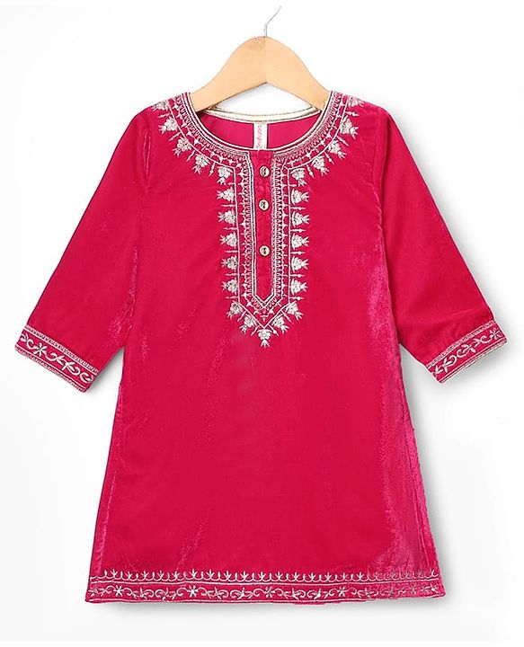 Babyhug Velvet Woven Full Sleeves Floral Embroidered Sequin Detailing Kurti Palazzo and Dupatta Set - Fuschia