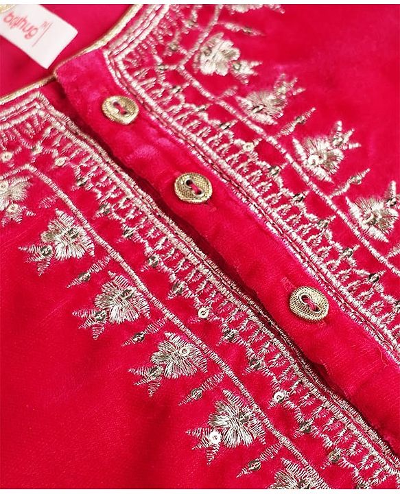 Babyhug Velvet Woven Full Sleeves Floral Embroidered Sequin Detailing Kurti Palazzo and Dupatta Set - Fuschia
