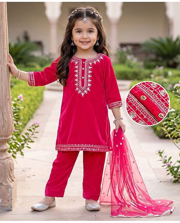 Babyhug Velvet Woven Full Sleeves Floral Embroidered Sequin Detailing Kurti Palazzo and Dupatta Set - Fuschia