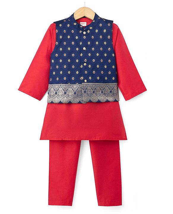 Babyhug Woven Full Sleeves Solid Colour Kurta Pajama Set with Floral Designed Brocade Jacket -  Red & Navy Blue