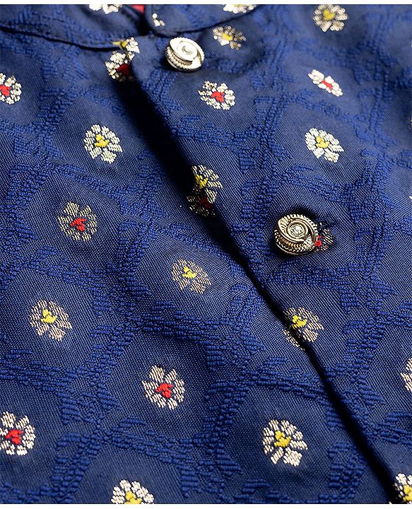 Babyhug Woven Full Sleeves Solid Colour Kurta Pajama Set with Floral Designed Brocade Jacket -  Red & Navy Blue