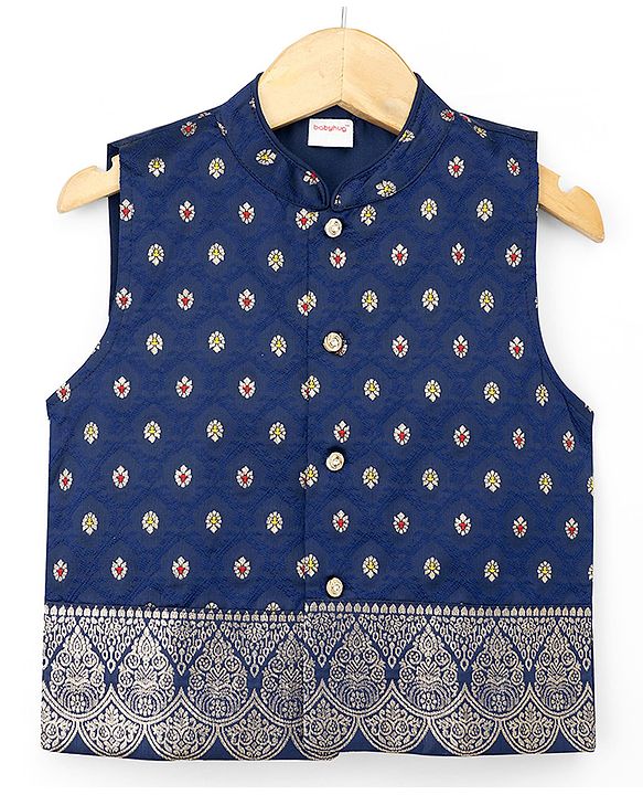 Babyhug Woven Full Sleeves Solid Colour Kurta Pajama Set with Floral Designed Brocade Jacket -  Red & Navy Blue
