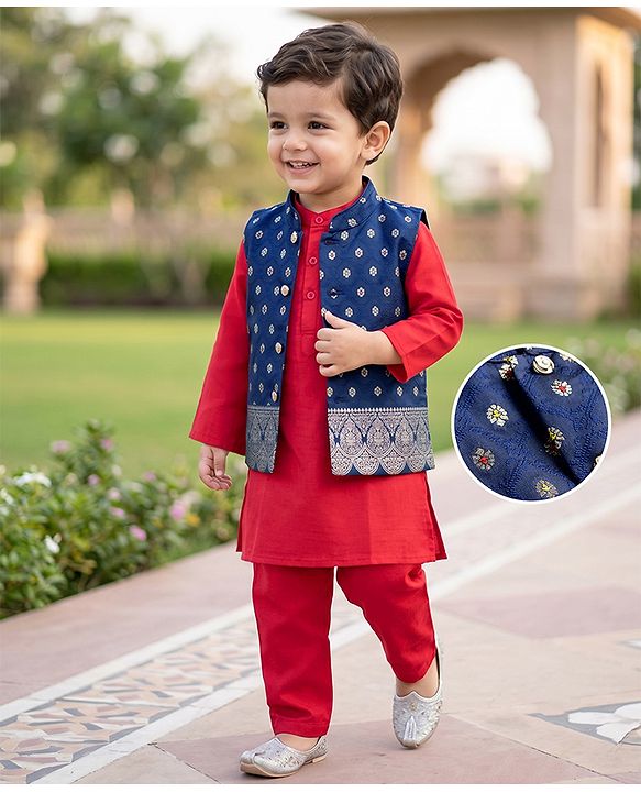 Babyhug Woven Full Sleeves Solid Colour Kurta Pajama Set with Floral Designed Brocade Jacket -  Red & Navy Blue