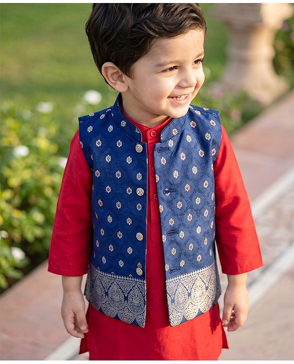 Babyhug Woven Full Sleeves Solid Colour Kurta Pajama Set with Floral Designed Brocade Jacket -  Red & Navy Blue