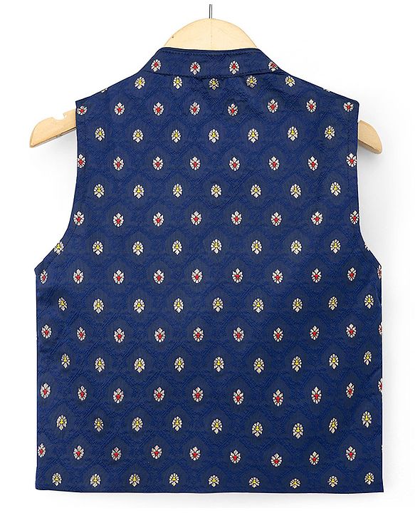 Babyhug Woven Full Sleeves Solid Colour Kurta Pajama Set with Floral Designed Brocade Jacket -  Red & Navy Blue